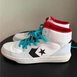 Converse Fastbreak Mid — White / Black / Red with Teal Laces
